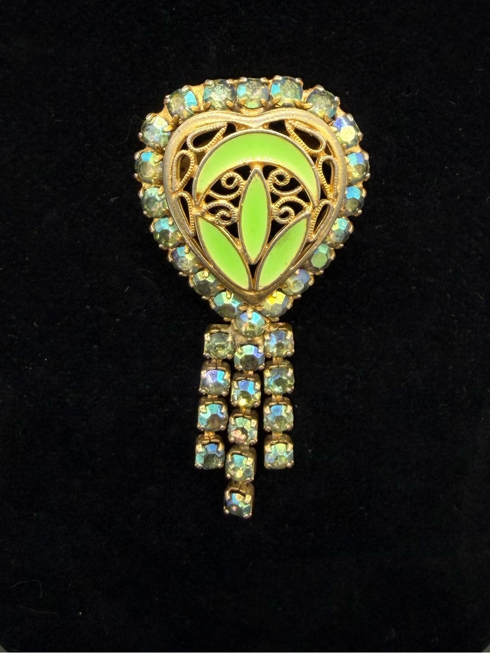 VTG Mid-Century Lime Green Enamel Aurora Borealis Fringe Brooch